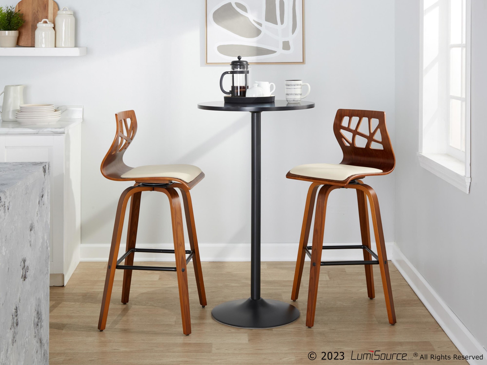 Folia 30 Cream Faux Leather Mid-Century Barstools (Set of 2) 2 Folia 30 Cream Faux Leather Mid-Century Barstools (Set of 2) - Image 2