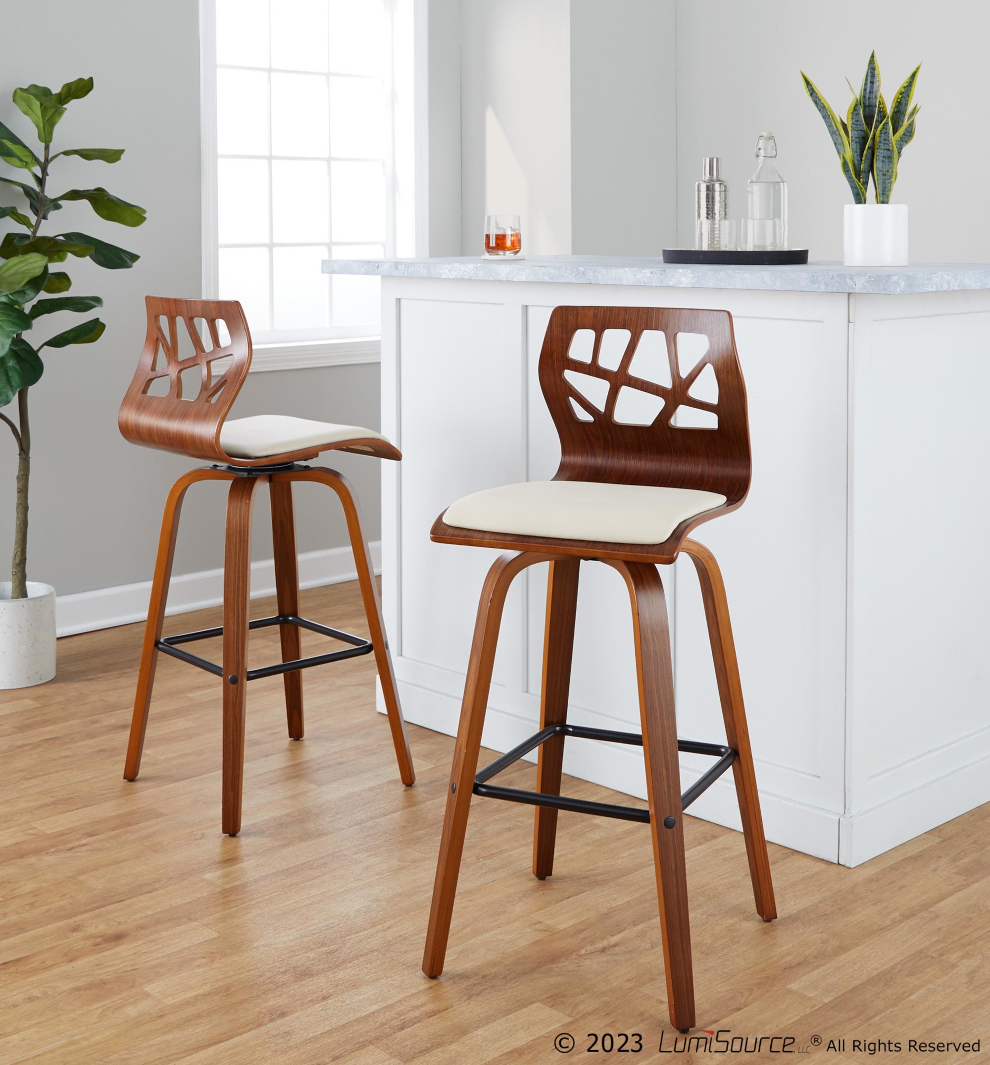 Folia 30 Cream Faux Leather Mid-Century Barstools (Set of 2) 3 Folia 30 Cream Faux Leather Mid-Century Barstools (Set of 2) - Image 3