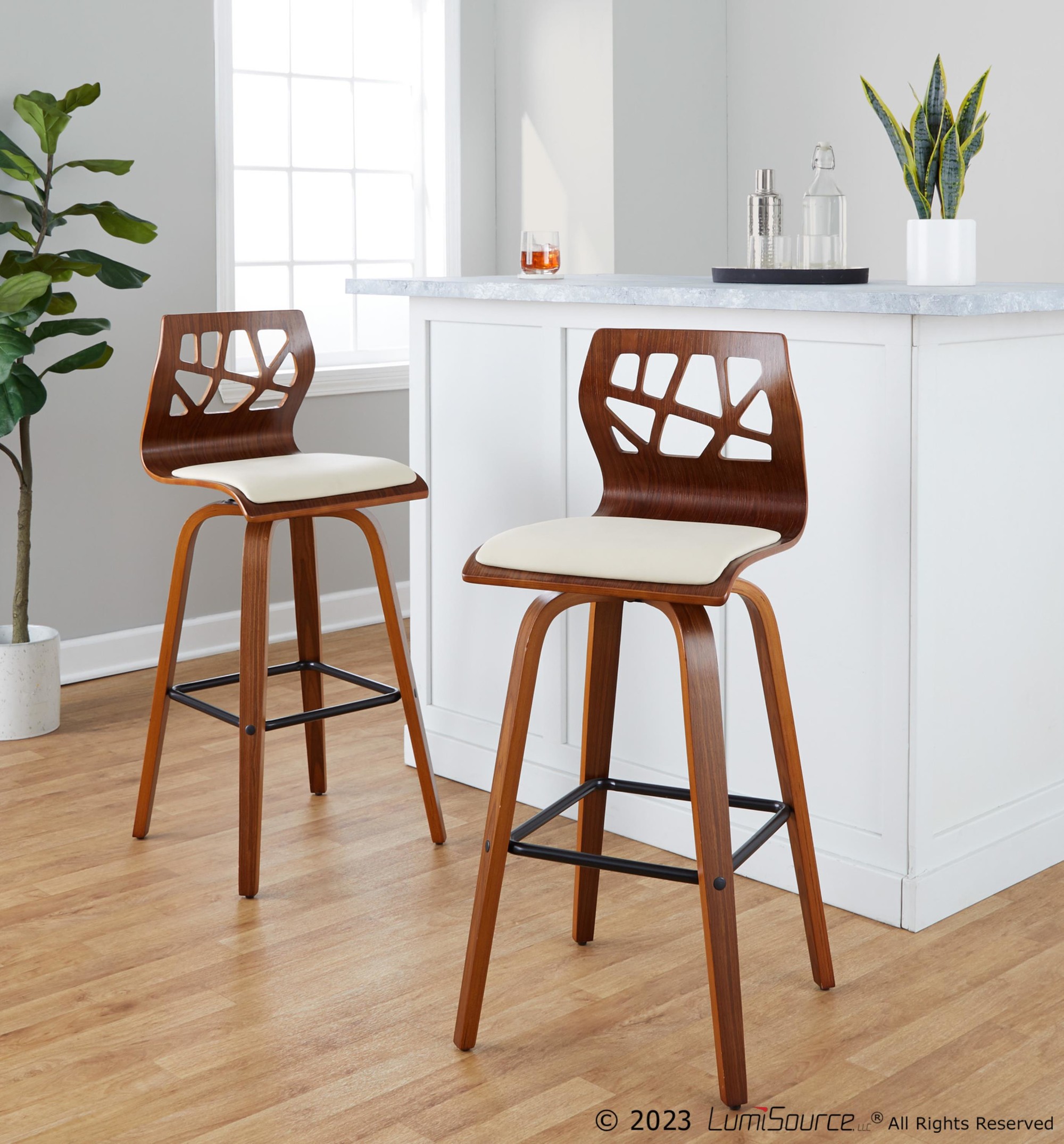 Folia 30 Cream Faux Leather Mid-Century Barstools (Set of 2) 4 Folia 30 Cream Faux Leather Mid-Century Barstools (Set of 2) - Image 4
