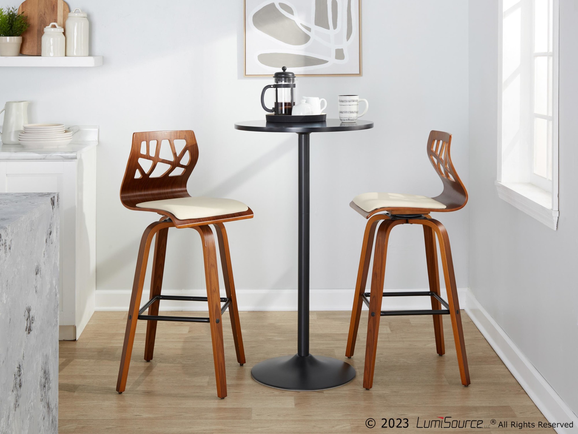 Folia 30 Cream Faux Leather Mid-Century Barstools (Set of 2) 1 Folia 30 Cream Faux Leather Mid-Century Barstools (Set of 2)