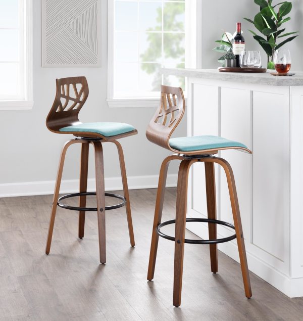 Folia 30 Mid Century Modern Swivel Barstool Walnut Teal Set of 2 Set of 2