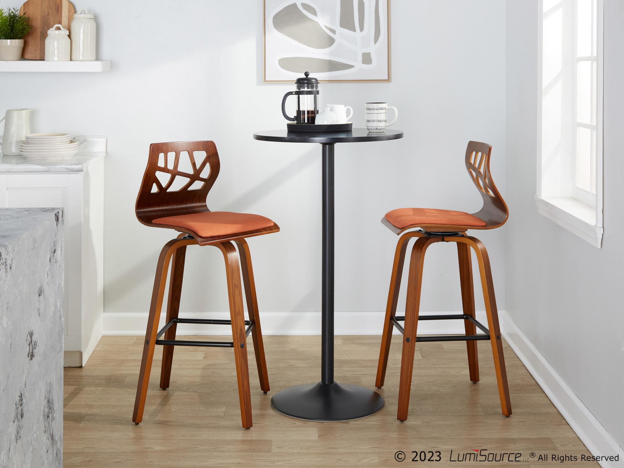 Folia 30" Orange Mid-Century Modern Swivel Barstools (Set of 2) 2 Folia 30" Orange Mid-Century Modern Swivel Barstools (Set of 2) - Image 2