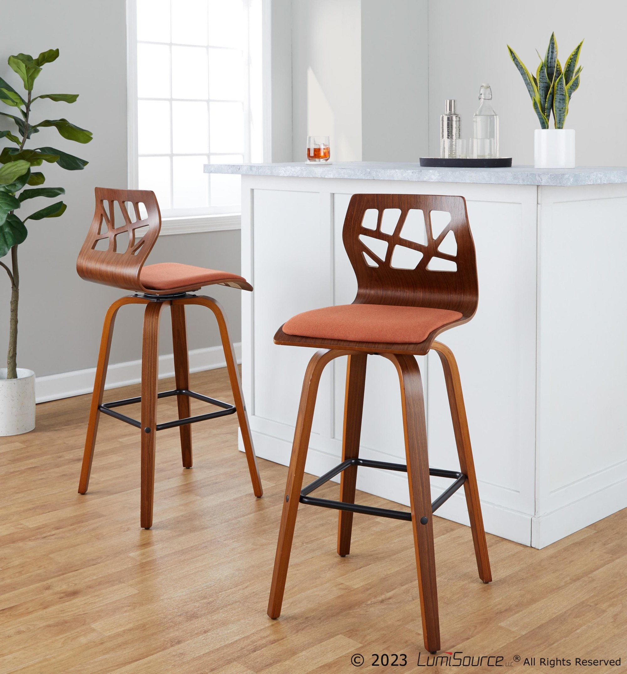 Folia 30" Orange Mid-Century Modern Swivel Barstools (Set of 2) 3 Folia 30" Orange Mid-Century Modern Swivel Barstools (Set of 2) - Image 3
