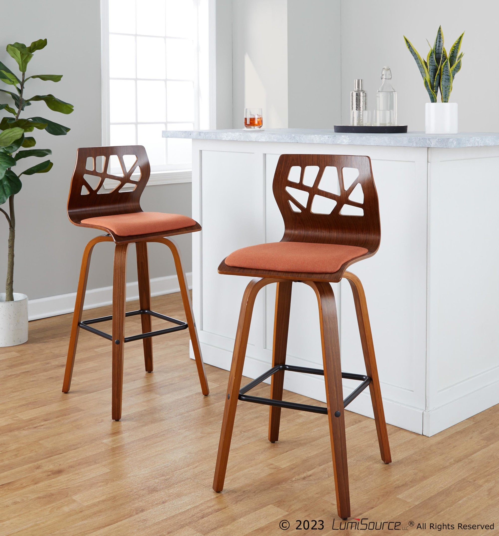 Folia 30" Orange Mid-Century Modern Swivel Barstools (Set of 2) 4 Folia 30" Orange Mid-Century Modern Swivel Barstools (Set of 2) - Image 4
