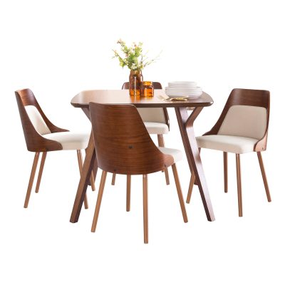 Folia-Anabelle Mid-Century Modern Walnut Wood Dining Set
