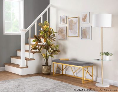 Folia Contemporary Gold Steel and Grey Velvet Bench