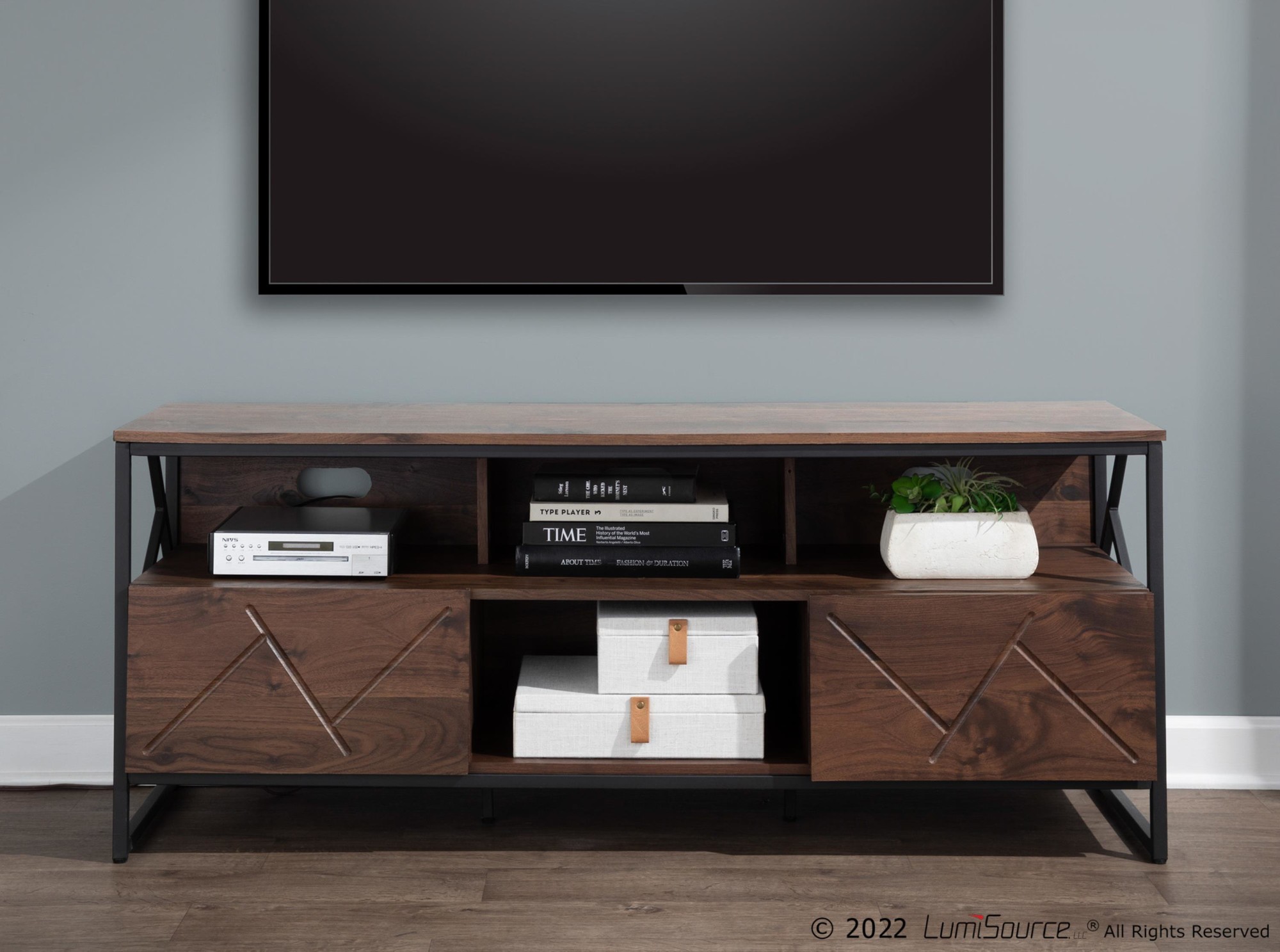 Folia Contemporary Walnut Wood and Black Steel TV Stand 1 Folia Contemporary Walnut Wood and Black Steel TV Stand