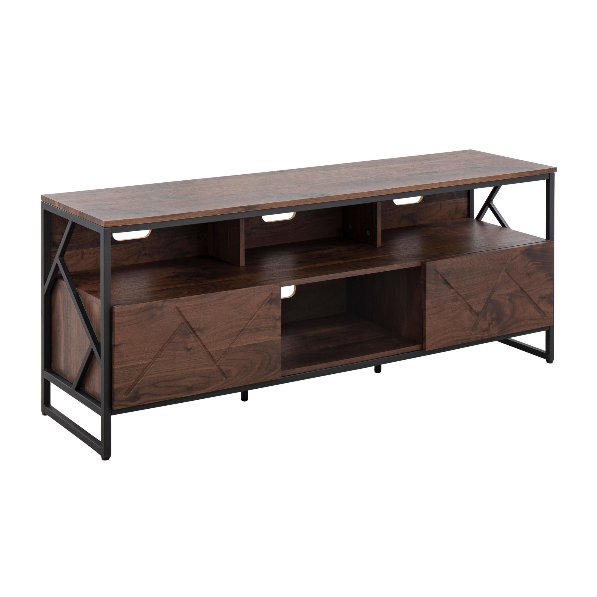 Folia Contemporary Walnut Wood and Black Steel TV Stand 3 Folia Contemporary Walnut Wood and Black Steel TV Stand - Image 3