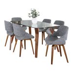 Folia Mid-Century Dining Set Walnut Glass Grey (7 Piece) 8 Folia Mid-Century Dining Set Walnut Glass Grey (7 Piece)