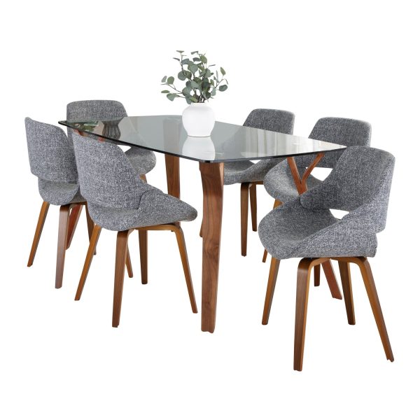 Folia Mid Century Dining Set Walnut Glass Grey 7 Piece 1