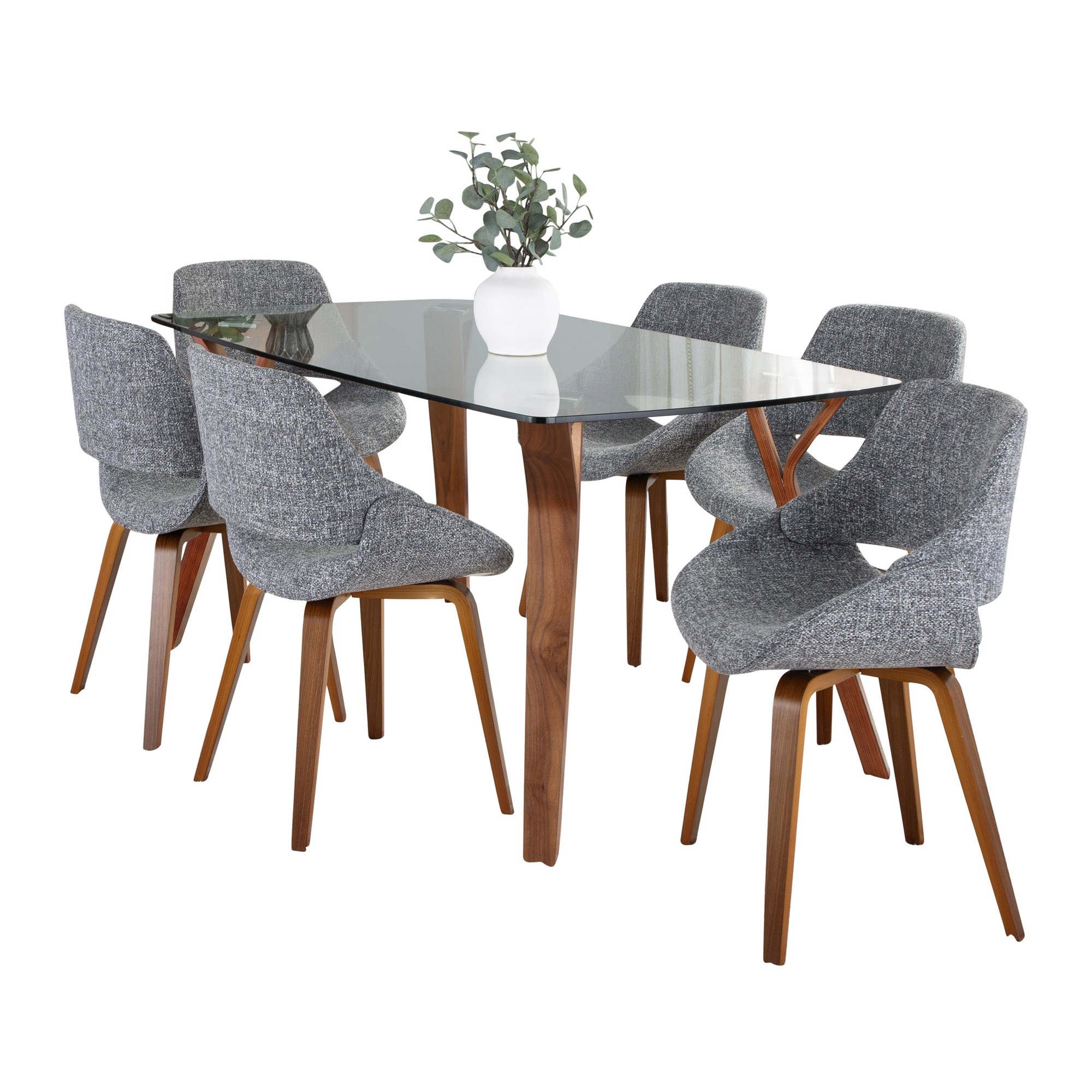Folia Mid-Century Dining Set Walnut Glass Grey (7 Piece) 2 Folia Mid-Century Dining Set Walnut Glass Grey (7 Piece) - Image 2