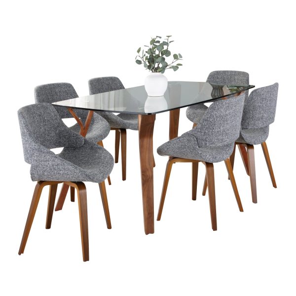 Folia Mid Century Dining Set Walnut Glass Grey 7 Piece 2