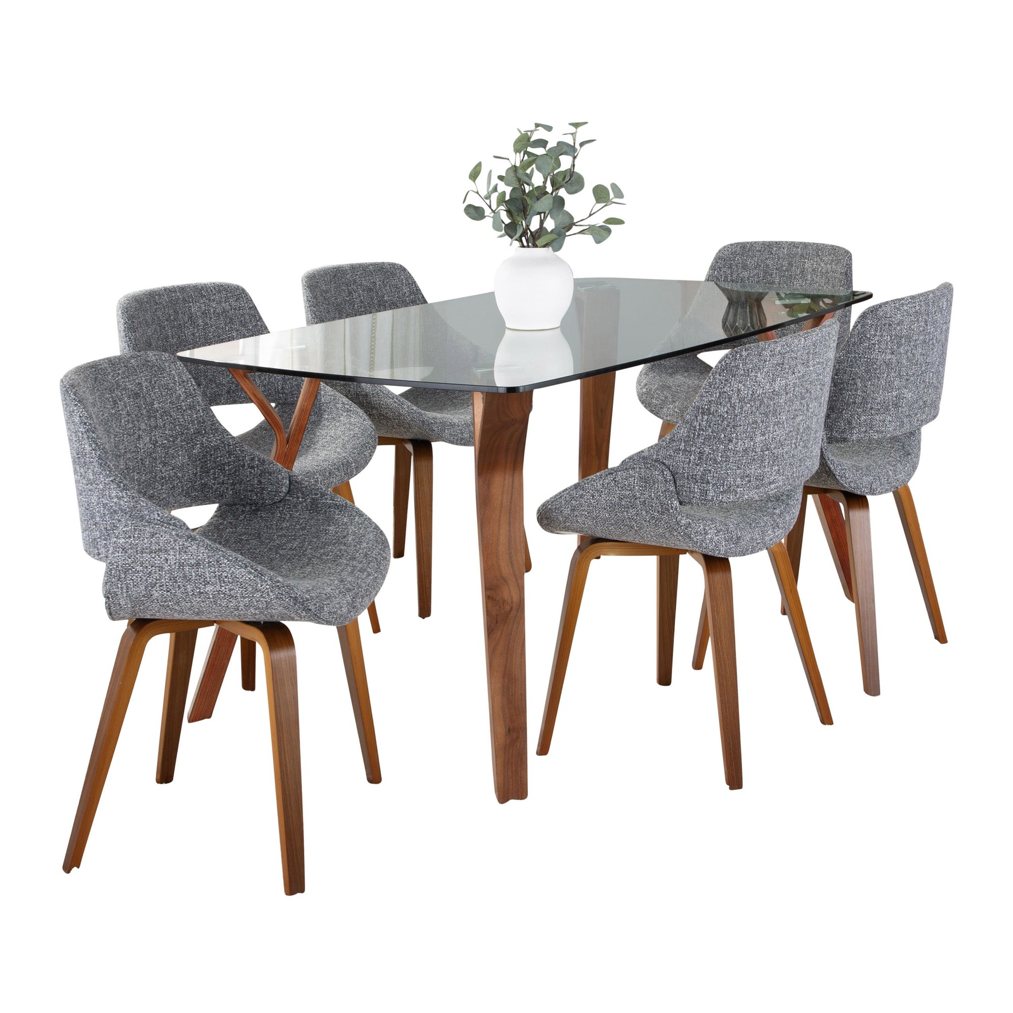 Folia Mid-Century Dining Set Walnut Glass Grey (7 Piece) 3 Folia Mid-Century Dining Set Walnut Glass Grey (7 Piece) - Image 3