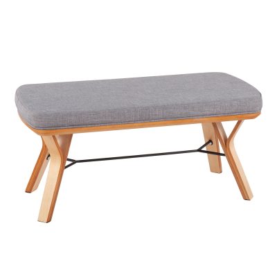 Folia Mid-Century Modern Bench Natural Wood Light Grey Fabric