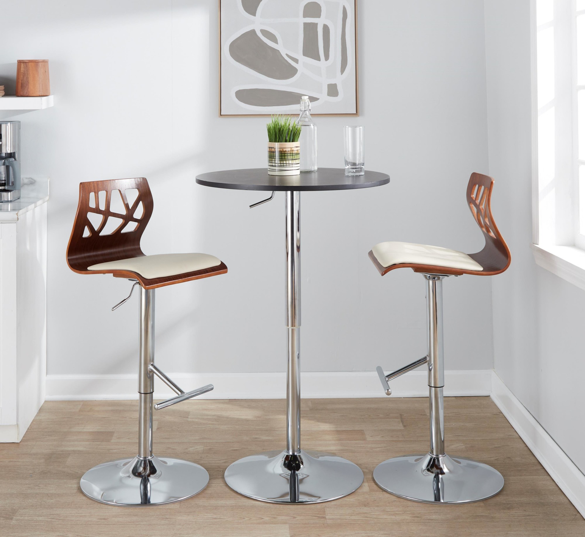 Folia Mid-Century Modern Chrome and Walnut Barstool (Set of 3) 2 Folia Mid-Century Modern Chrome and Walnut Barstool (Set of 3) - Image 2