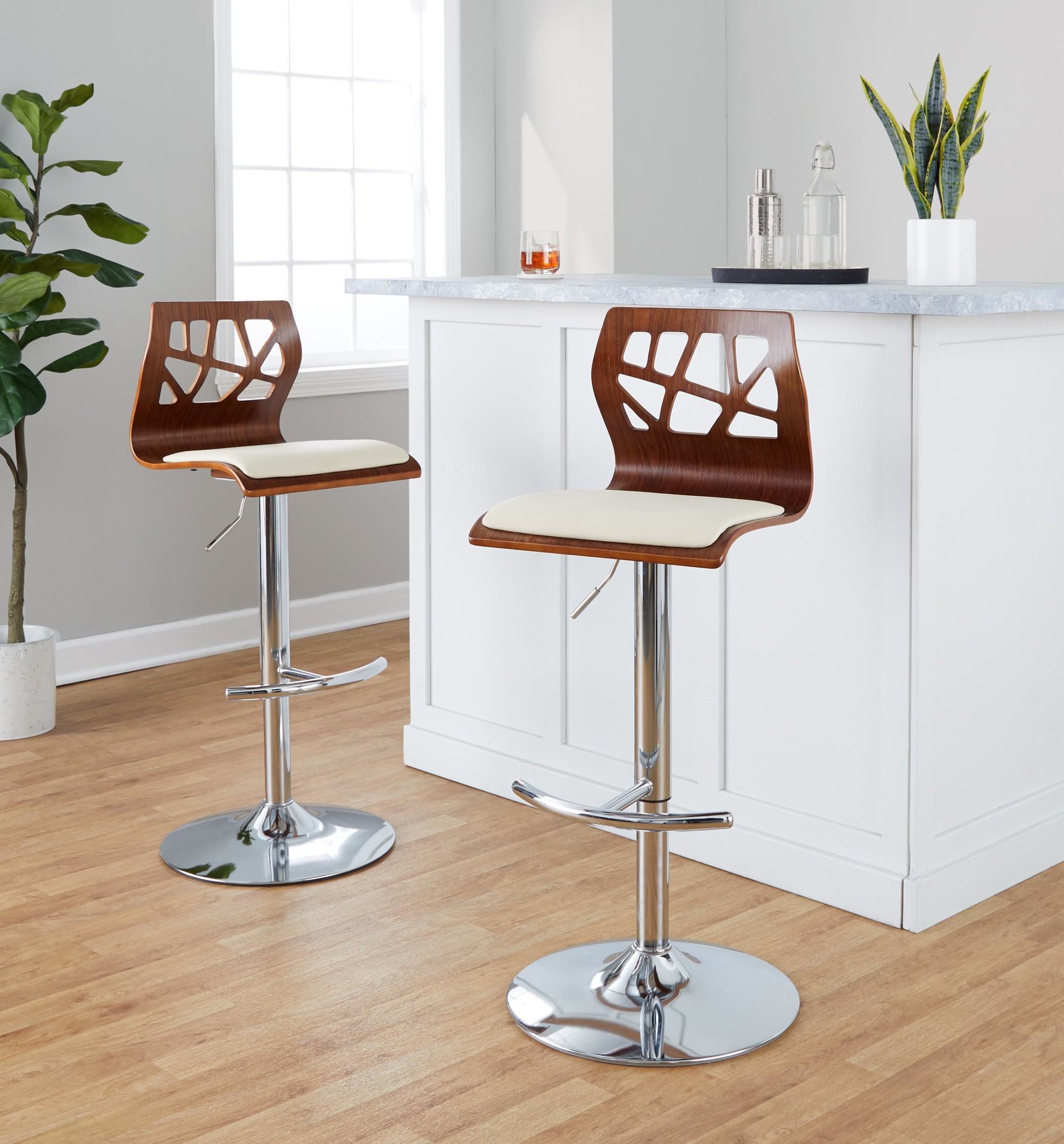 Folia Mid-Century Modern Cream Swivel Barstool Chrome Walnut (Set of 2) 2 Folia Mid-Century Modern Cream Swivel Barstool Chrome Walnut (Set of 2) - Image 2