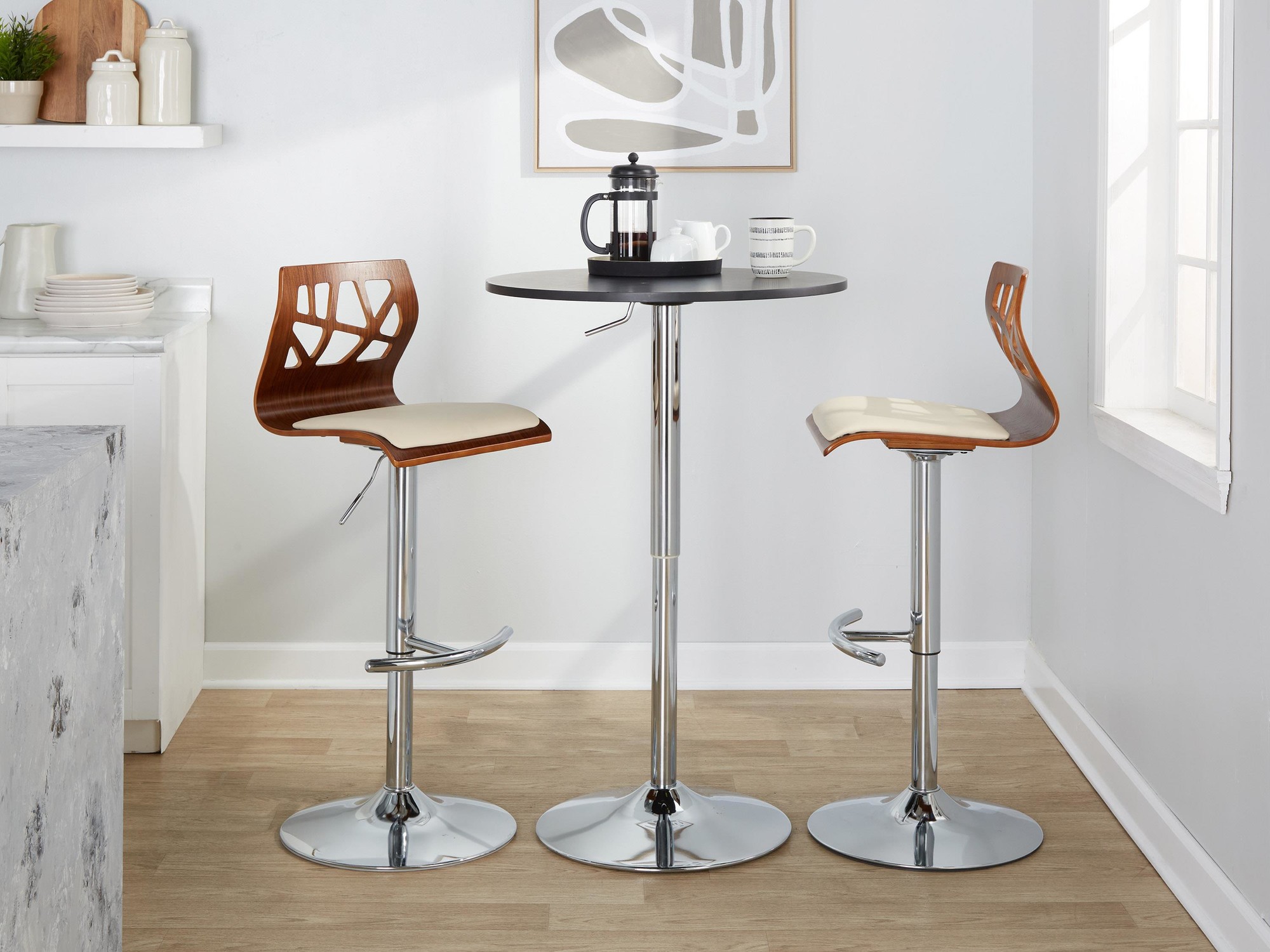 Folia Mid-Century Modern Cream Swivel Barstool Chrome Walnut (Set of 2) 3 Folia Mid-Century Modern Cream Swivel Barstool Chrome Walnut (Set of 2) - Image 3