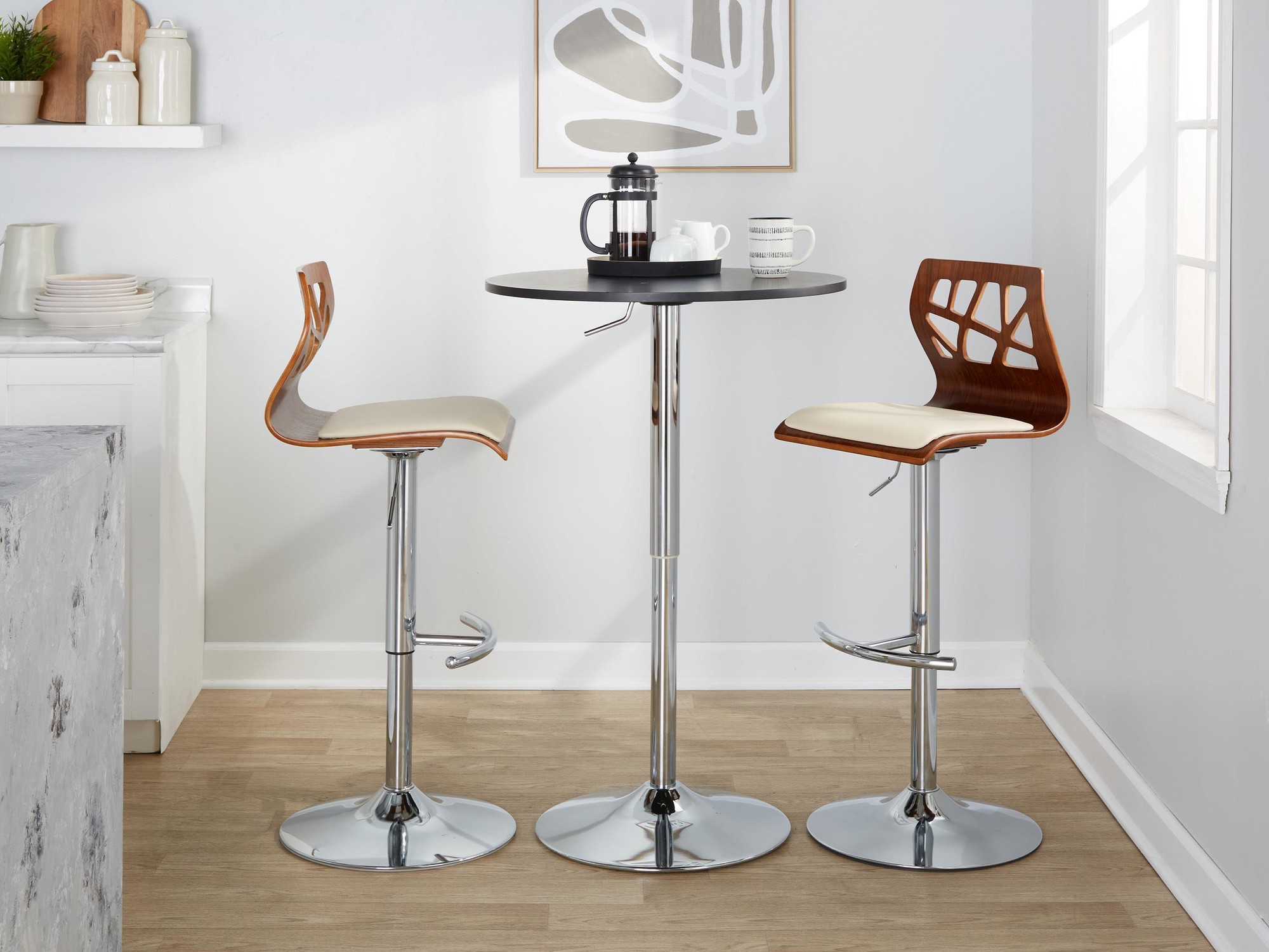 Folia Mid-Century Modern Cream Swivel Barstool Chrome Walnut (Set of 2) 4 Folia Mid-Century Modern Cream Swivel Barstool Chrome Walnut (Set of 2) - Image 4