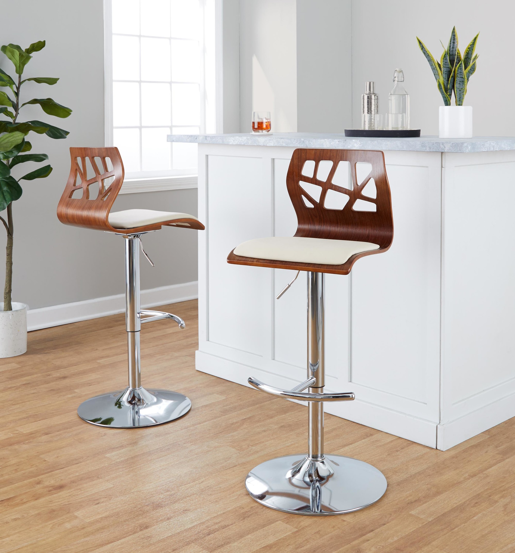 Folia Mid-Century Modern Cream Swivel Barstool Chrome Walnut (Set of 2) 1 Folia Mid-Century Modern Cream Swivel Barstool Chrome Walnut (Set of 2)