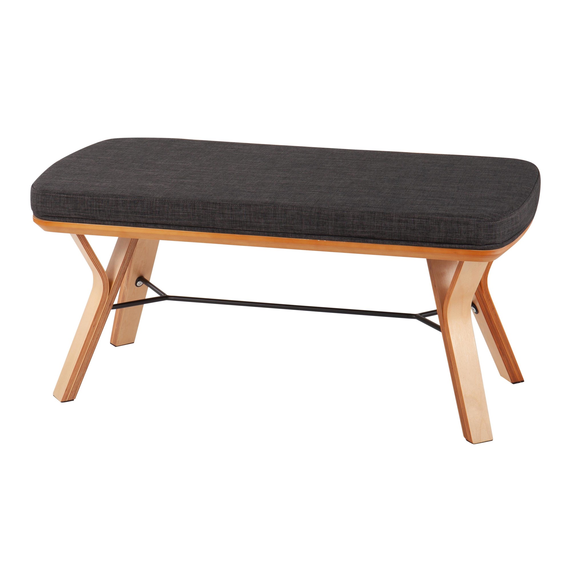 Folia Mid-Century Modern Natural Wood Charcoal Fabric Bench 3 Folia Mid-Century Modern Natural Wood Charcoal Fabric Bench - Image 3