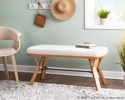 Folia Mid-Century Modern Natural Wood and Cream Fabric Bench