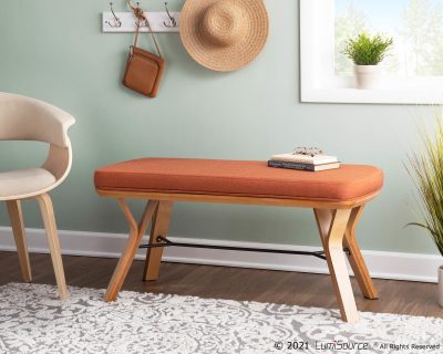Folia Mid-Century Modern Orange Fabric Bench Natural Wood