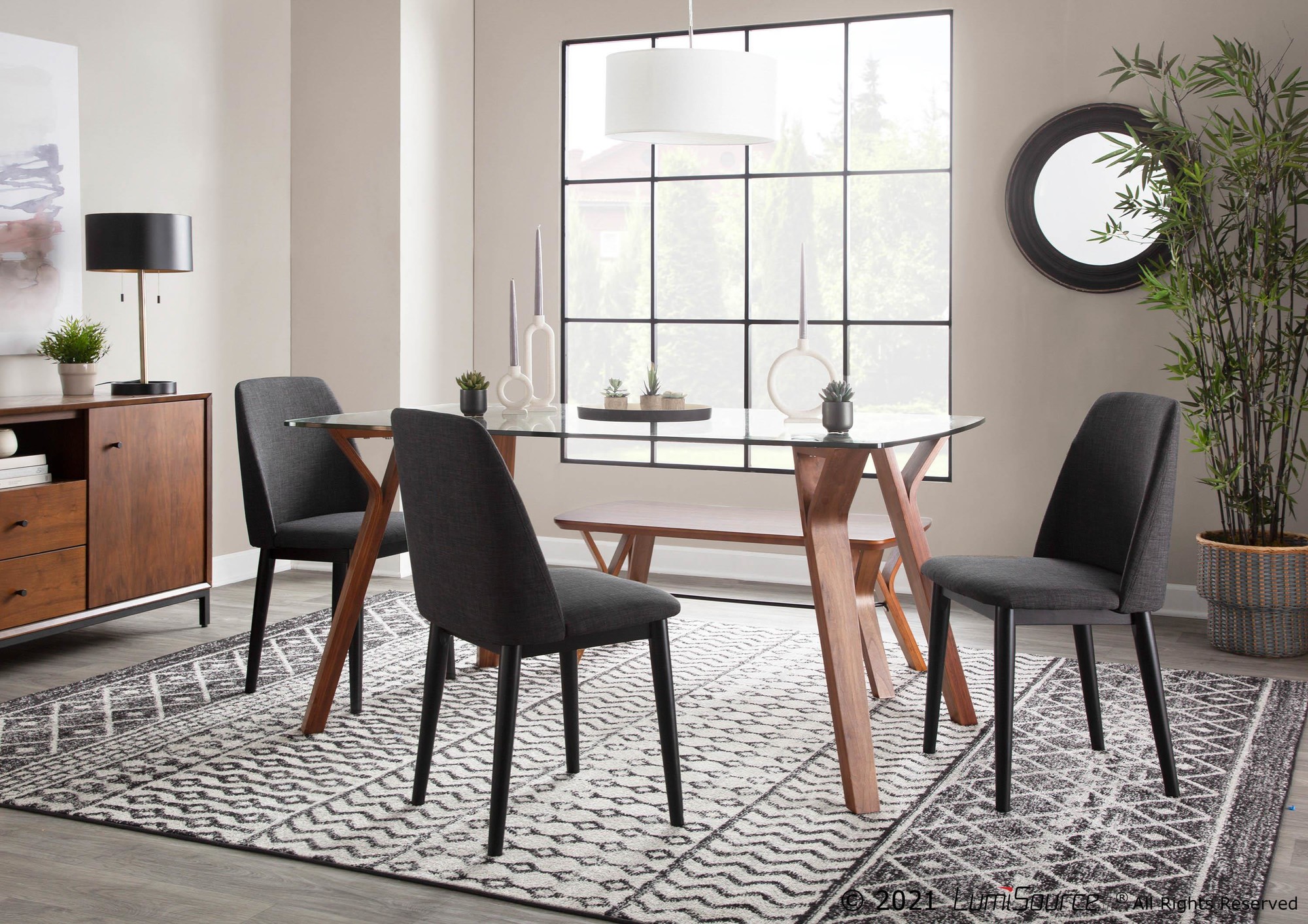 Folia Mid-Century Modern Walnut Wood Glass Dining Table 2 Folia Mid-Century Modern Walnut Wood Glass Dining Table - Image 2