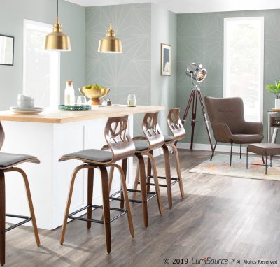 Folia Mid-Century Modern Walnut Wood Light Grey Counter Stools (Set of 2)