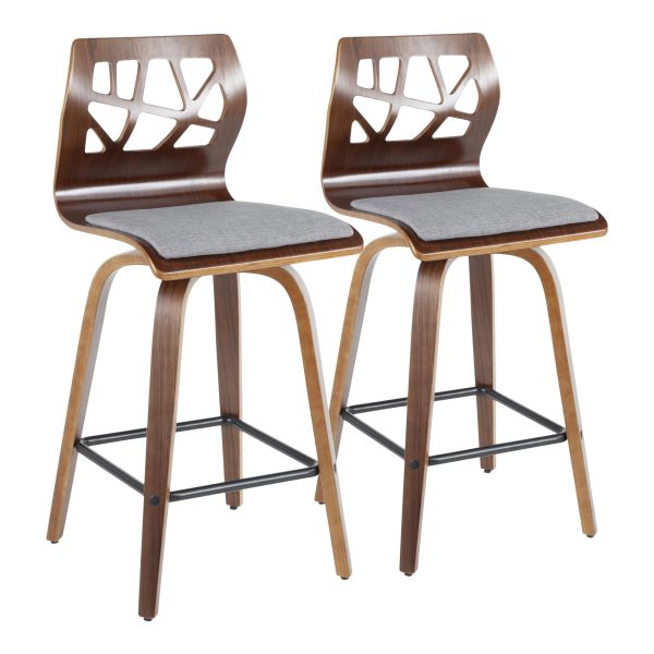 Folia Mid Century Modern Walnut Wood Light Grey Counter Stools Set of 2 8