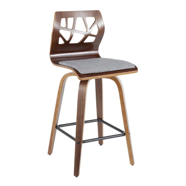 Folia Mid Century Modern Walnut Wood Light Grey Counter Stools Set of 2 9