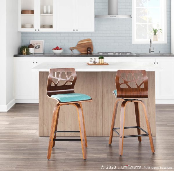 Folia Mid Century Modern Walnut Wood Teal Counter Stools 26 Inch Set of 2 1