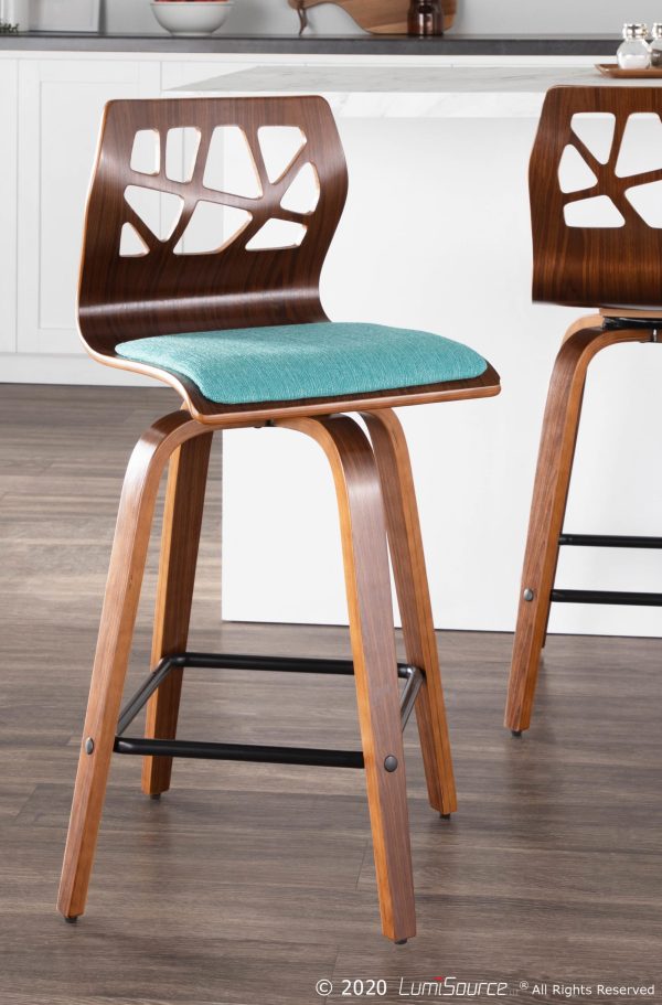 Folia Mid Century Modern Walnut Wood Teal Counter Stools 26 Inch Set of 2 2