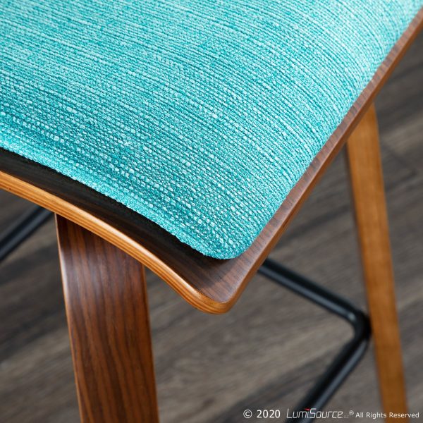 Folia Mid Century Modern Walnut Wood Teal Counter Stools 26 Inch Set of 2 3