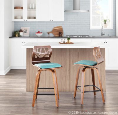 Folia Mid-Century Modern Walnut Wood Teal Counter Stools, 26-Inch (Set of 2)