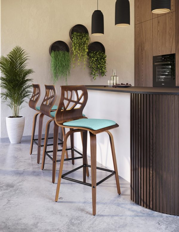 Folia Mid Century Modern Walnut Wood Teal Counter Stools 26 Inch Set of 2 6
