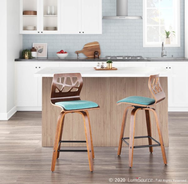 Folia Mid Century Modern Walnut Wood Teal Counter Stools 26 Inch Set of 2
