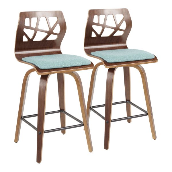 Folia Mid Century Modern Walnut Wood Teal Counter Stools 26 Inch Set of 2 7