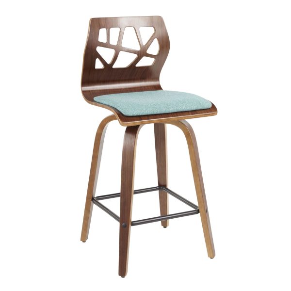 Folia Mid Century Modern Walnut Wood Teal Counter Stools 26 Inch Set of 2 8