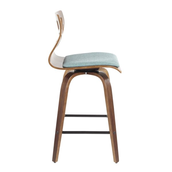 Folia Mid Century Modern Walnut Wood Teal Counter Stools 26 Inch Set of 2 9