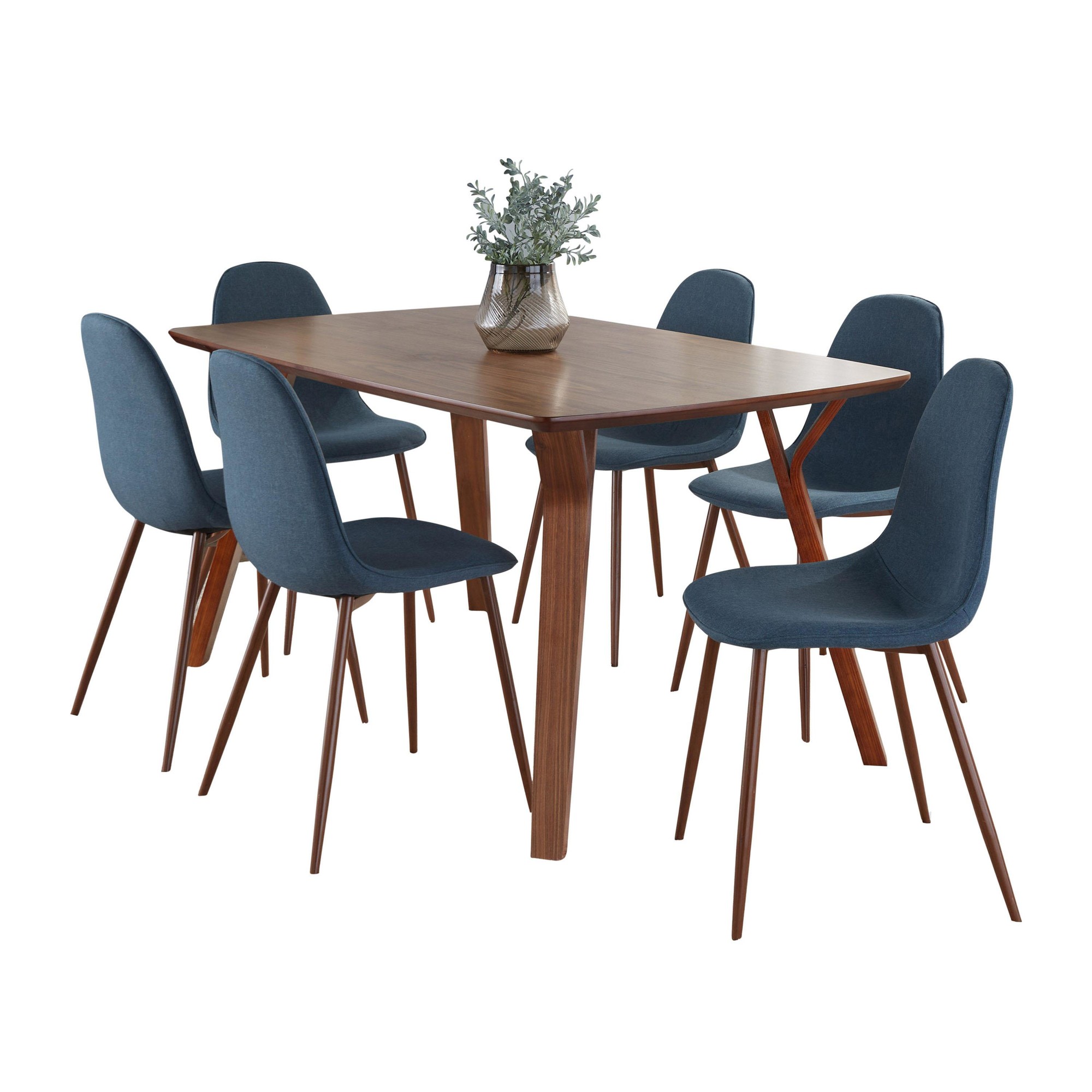 Folia Mid-Century Modern Walnut Wood and Blue Dining Set 2 Folia Mid-Century Modern Walnut Wood and Blue Dining Set - Image 2