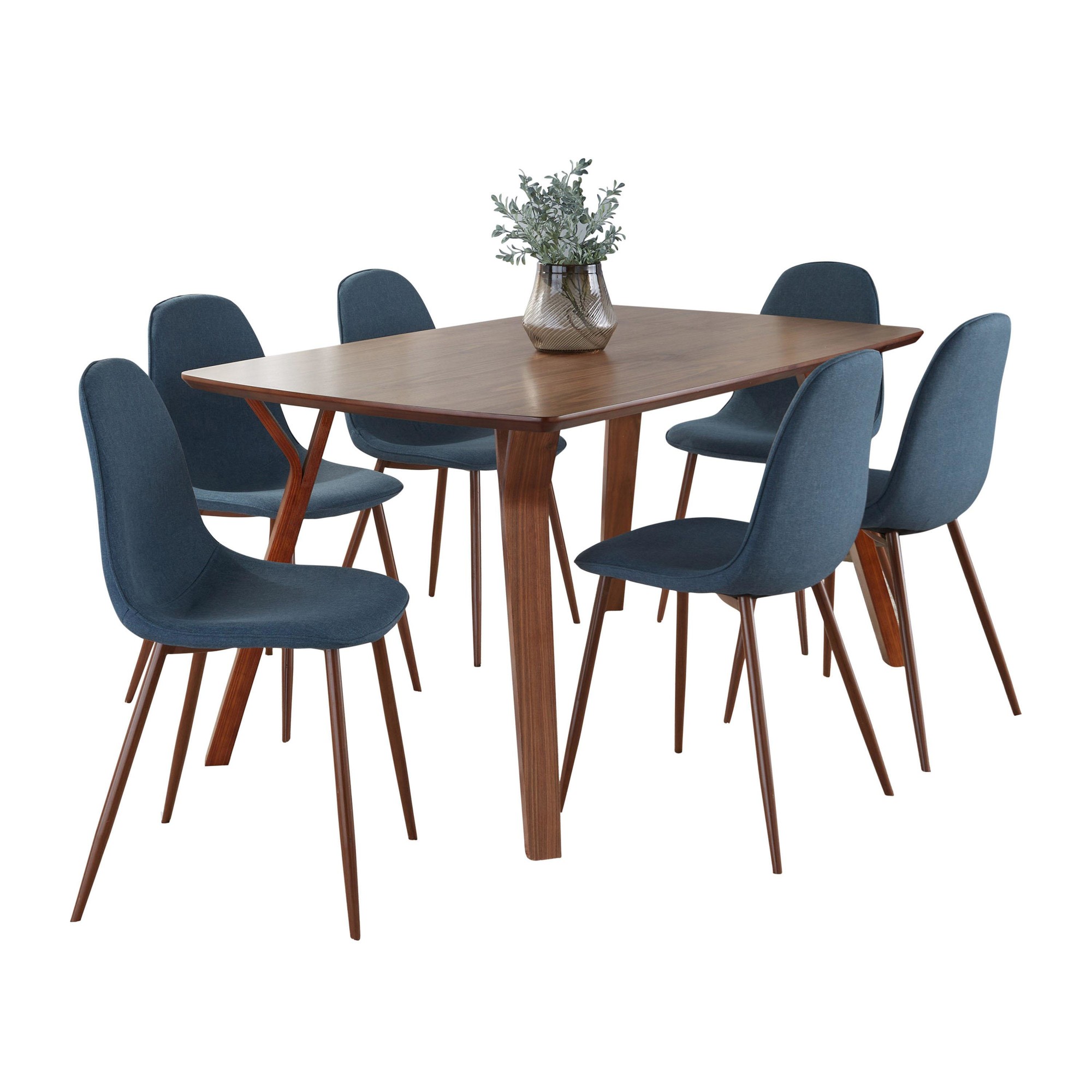Folia Mid-Century Modern Walnut Wood and Blue Dining Set 3 Folia Mid-Century Modern Walnut Wood and Blue Dining Set - Image 3