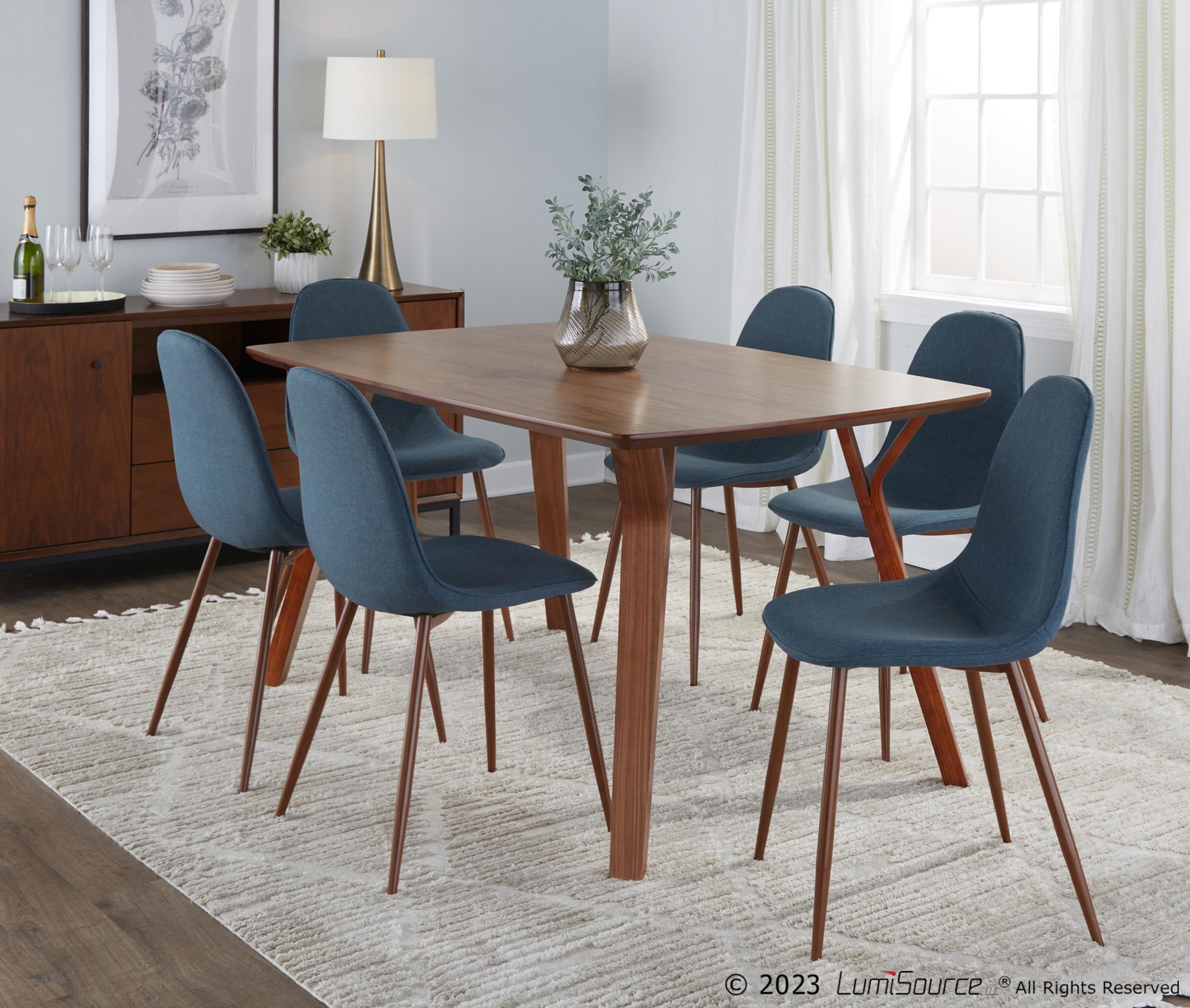 Folia Mid-Century Modern Walnut Wood and Blue Dining Set 1 Folia Mid-Century Modern Walnut Wood and Blue Dining Set