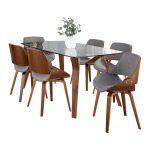 Folia Mid-Century Modern Walnut Wood and Glass Dining Set 8 Folia Mid-Century Modern Walnut Wood and Glass Dining Set