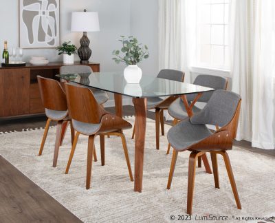 Folia Mid-Century Modern Walnut Wood and Glass Dining Set