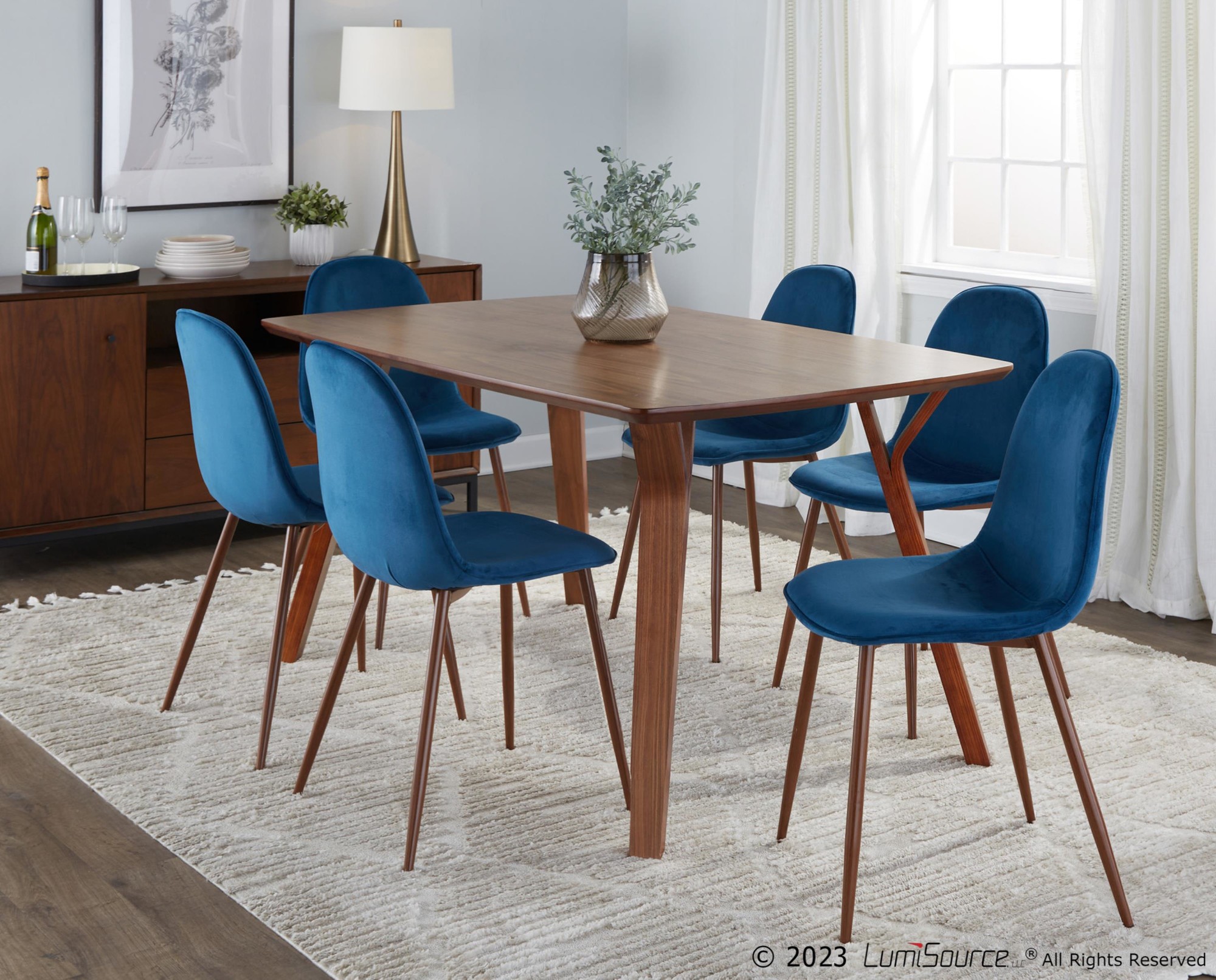 Folia Mid-Century Modern Walnut and Blue Dining Set 1 Folia Mid-Century Modern Walnut and Blue Dining Set