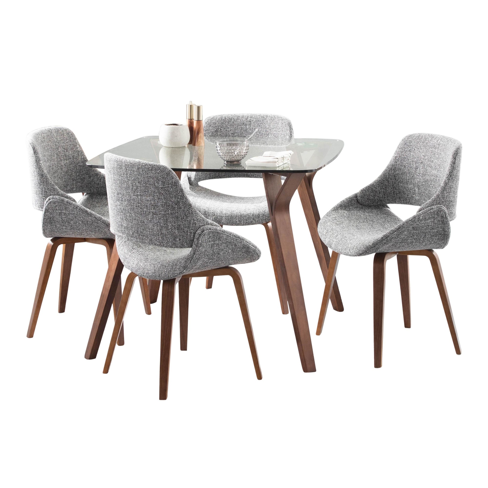 Folia Mid-Century Modern Walnut and Glass Dining Set (5 Piece) 3 Folia Mid-Century Modern Walnut and Glass Dining Set (5 Piece) - Image 3