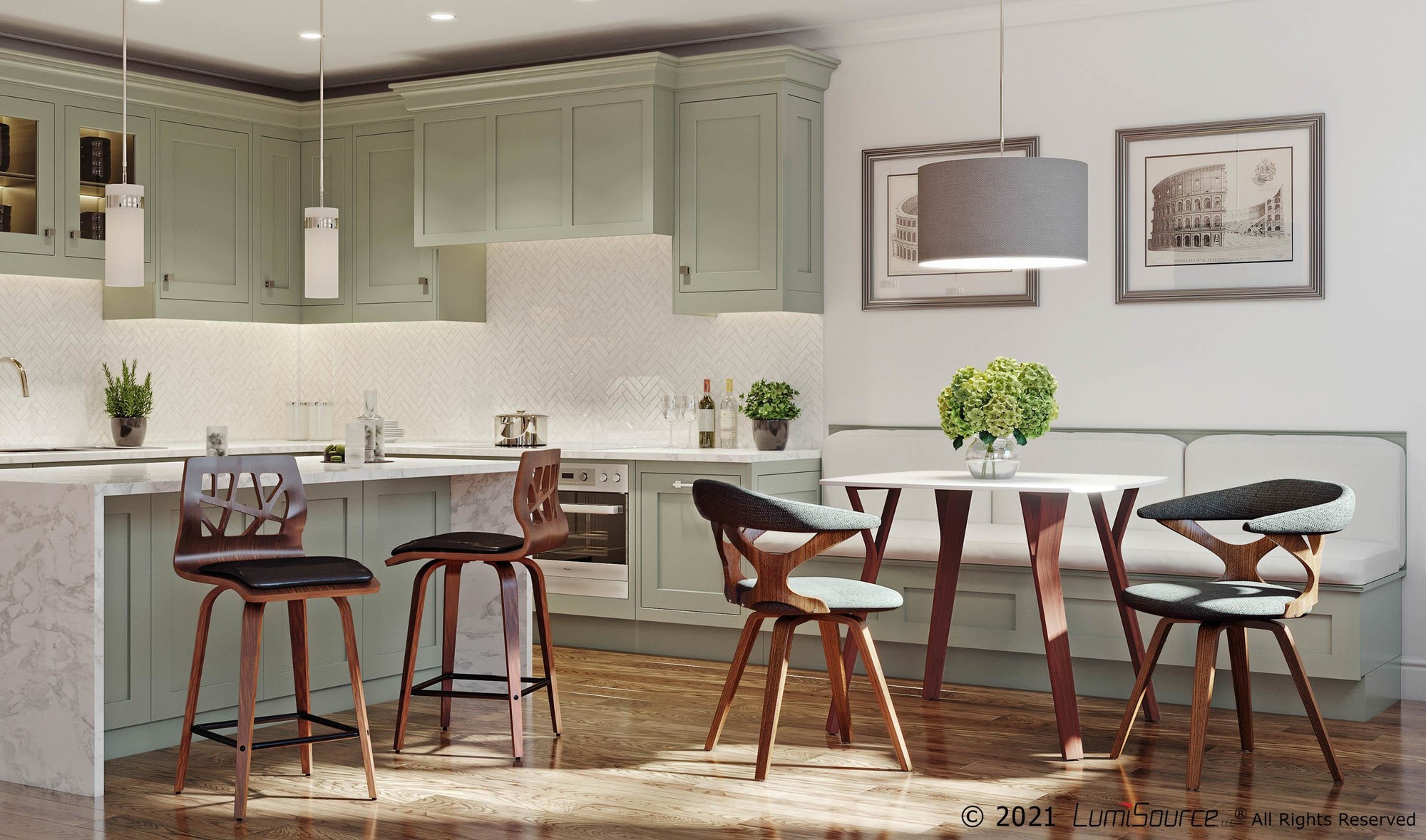 Folia Mid-Century Modern Walnut and White Marble Dinette Table 3 Folia Mid-Century Modern Walnut and White Marble Dinette Table - Image 3