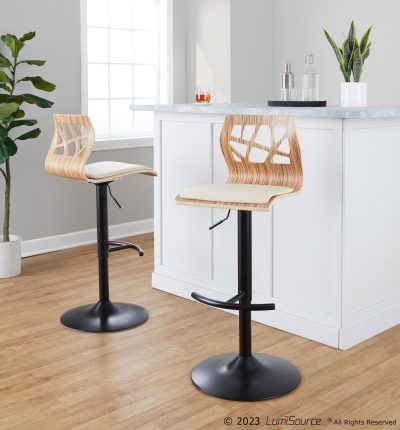 Folia Mid-Century Modern Zebra Wood Barstool Cream Faux Leather (Set of 2)