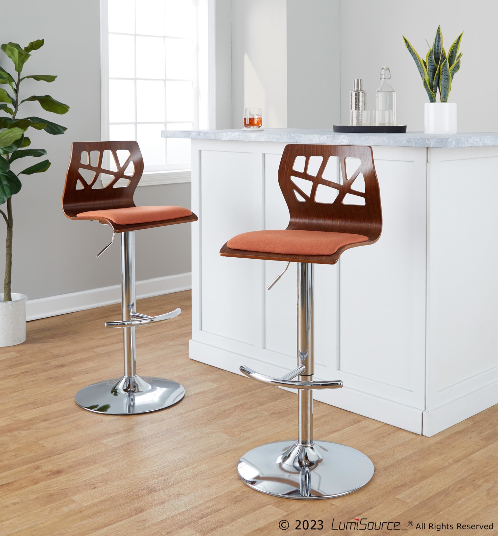 Folia Orange Mid-Century Modern Swivel Adjustable Barstool (Set of 2) 2 Folia Orange Mid-Century Modern Swivel Adjustable Barstool (Set of 2) - Image 2