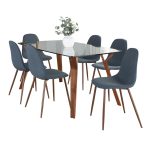 Folia Pebble Mid-Century Modern Walnut and Blue Dining Set 8 Folia Pebble Mid-Century Modern Walnut and Blue Dining Set